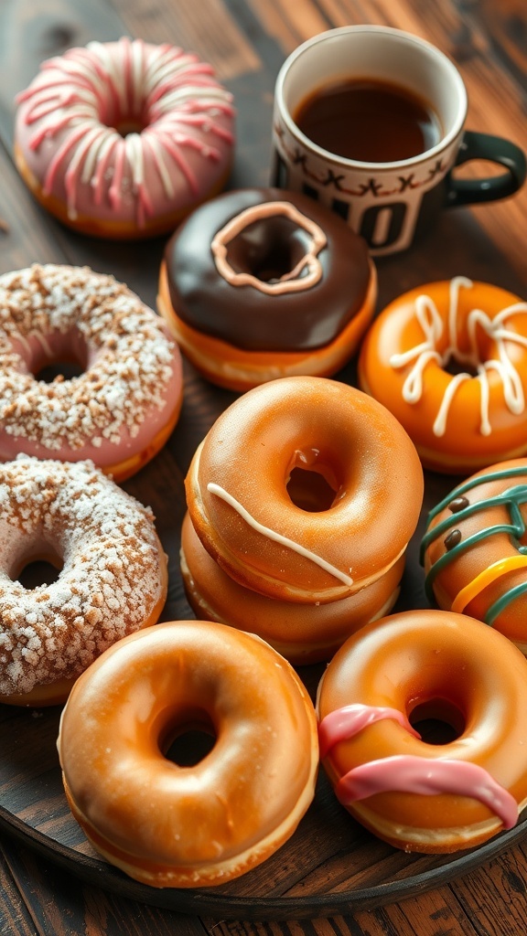 A variety of JCO donuts with powdered sugar and colorful icing on a rustic table with coffee.